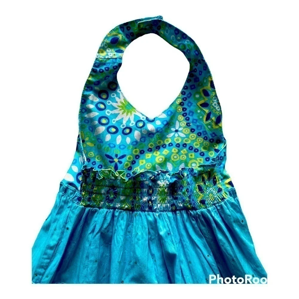 BLUE BERI BLVD-BLUE AND YELLOW BOHO STYLE HALTER DRESS-SZ 24 MONTHS